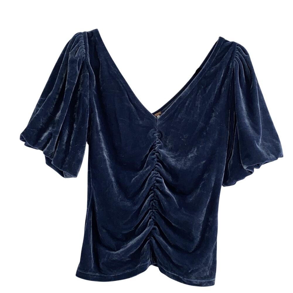 Free People Velvet Top Blue Ruched Puff Sleeve V-Neck Womens M